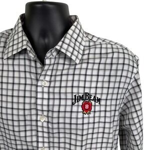 Jim Beam Bourbon Shirt Plaid Button Up Shirt Mens Large Slim Fit Non Iron Cotton